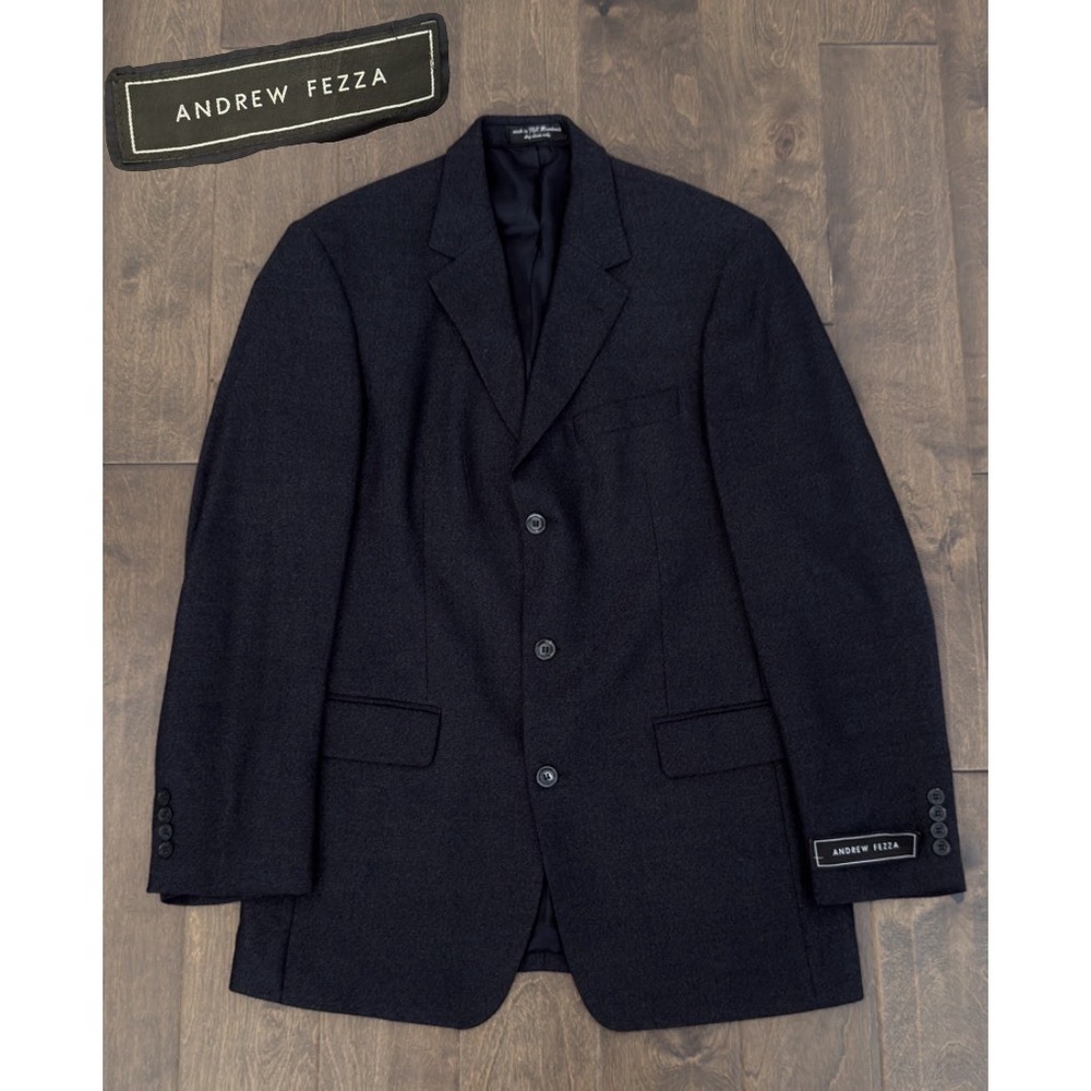 Andrew Fezza Mens Navy Blue Herringbone Suit Jacket Blazer Size 40L Three Button